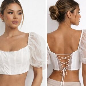White Fox Boutique Cream Crop-top with lace up and sheer detail NWT